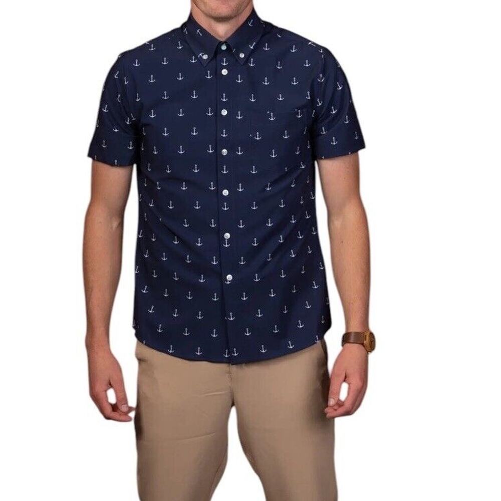 &Collar Athletic Navy Anchor Nautical Print Short Sleeve Button Up Shirt Size XL